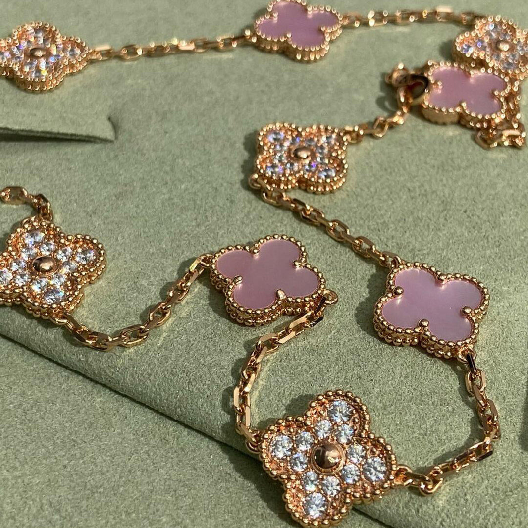 [Camiery]CLOVER 10 MOTIFS DIAMOND PINK MOP NECKLACE
