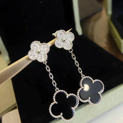 [Camiery]CLOVER 2 MOTIFS  DIAMOND ONYX EARRINGS SILVER