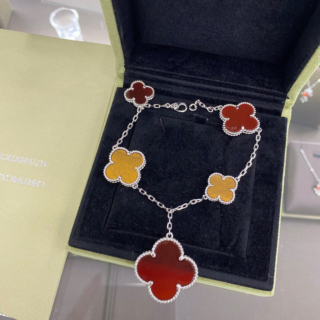 [Camiery]CLOVER 5 MOTIFS SIVLER CARNELIAN TIGER EYE BRACELET