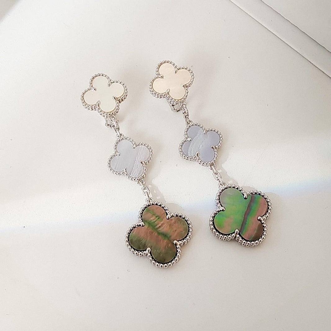 [Camiery]CLOVER 3 MOTIFS CHALCEDONY DARK MOP SILVER EARRINGS