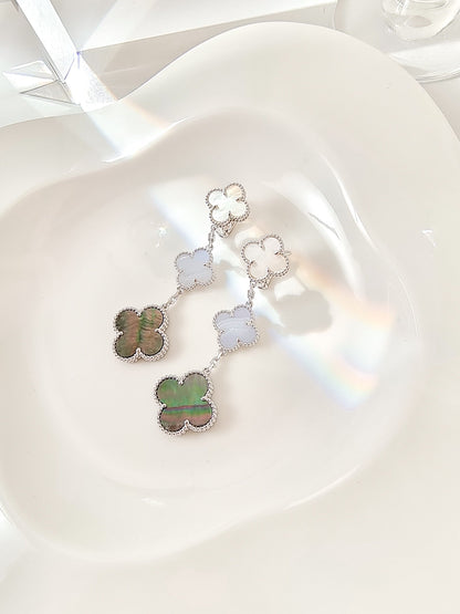 [Camiery]CLOVER 3 MOTIFS CHALCEDONY DARK MOP SILVER EARRINGS