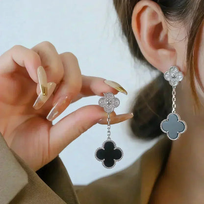 [Camiery]CLOVER 2 MOTIFS  DIAMOND ONYX EARRINGS SILVER