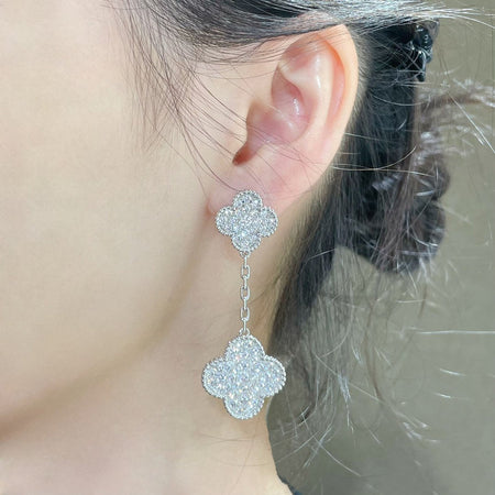 [Camiery]CLOVER 2 MOTIFS DIAMOND PAVED SILVER EARRINGS