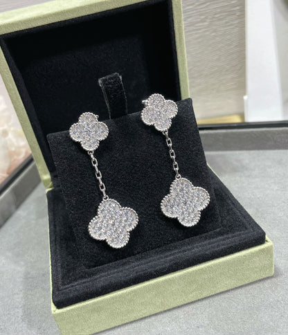 [Camiery]CLOVER 2 MOTIFS DIAMOND PAVED SILVER EARRINGS