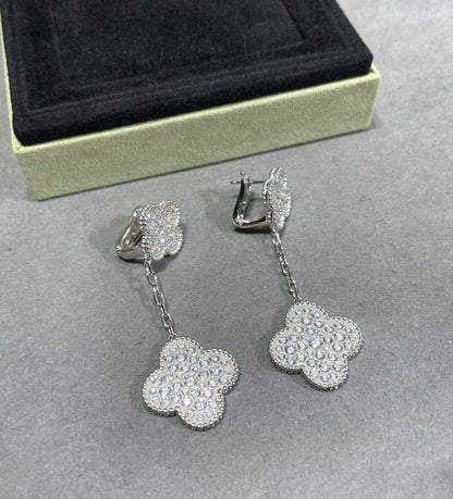 [Camiery]CLOVER 2 MOTIFS DIAMOND PAVED SILVER EARRINGS