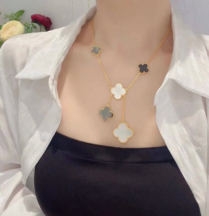 [Camiery]CLOVER 6 MOTIF MOP ONYX GOLD NECKLACE