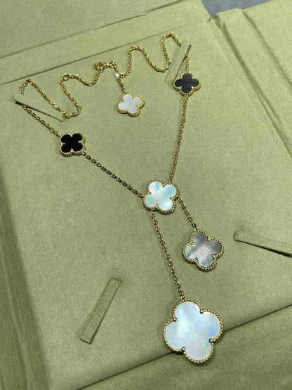 [Camiery]CLOVER 6 MOTIF MOP ONYX GOLD NECKLACE