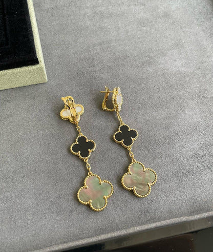 [Camiery]CLOVER 3 MOTIF MOP ONYX DARK MOP PINK GOLD EARRINGS