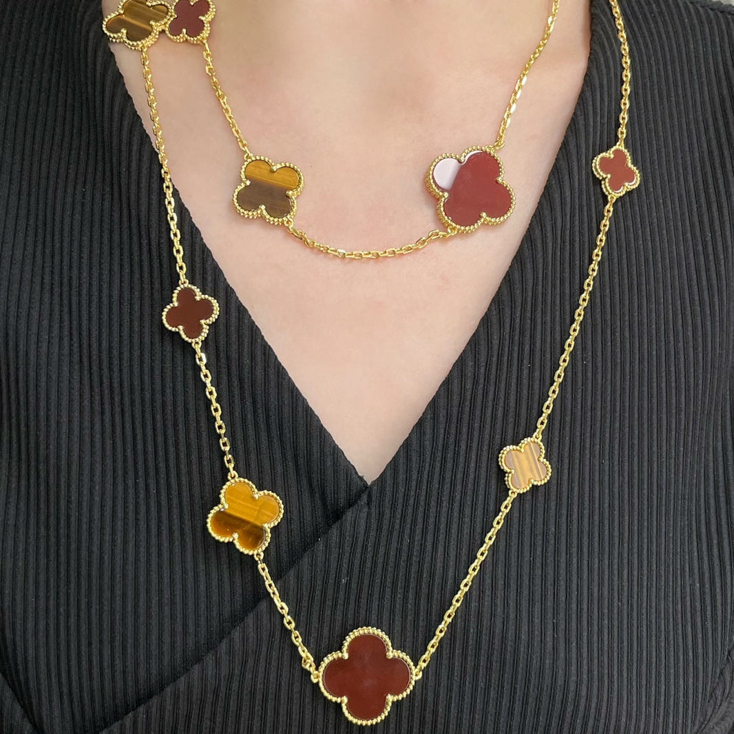 [Camiery]CLOVER 16 MOTIF CARNELIAN TIGER EYE ROSE GOLD NECKLACE