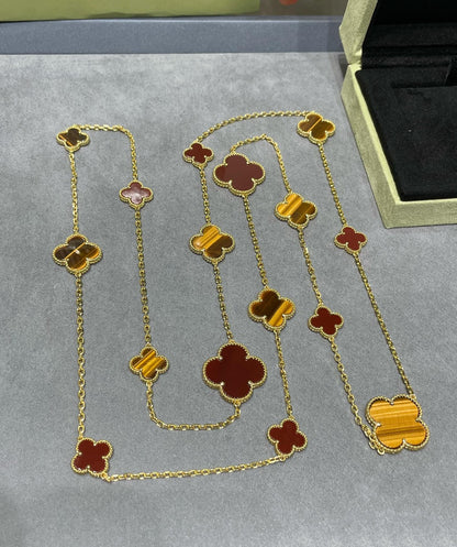 [Camiery]CLOVER 16 MOTIF CARNELIAN TIGER EYE ROSE GOLD NECKLACE