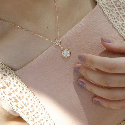 [Camiery]STAR AND SUN WHITE MOP 2 MOTIF PINK GOLD NECKLACE