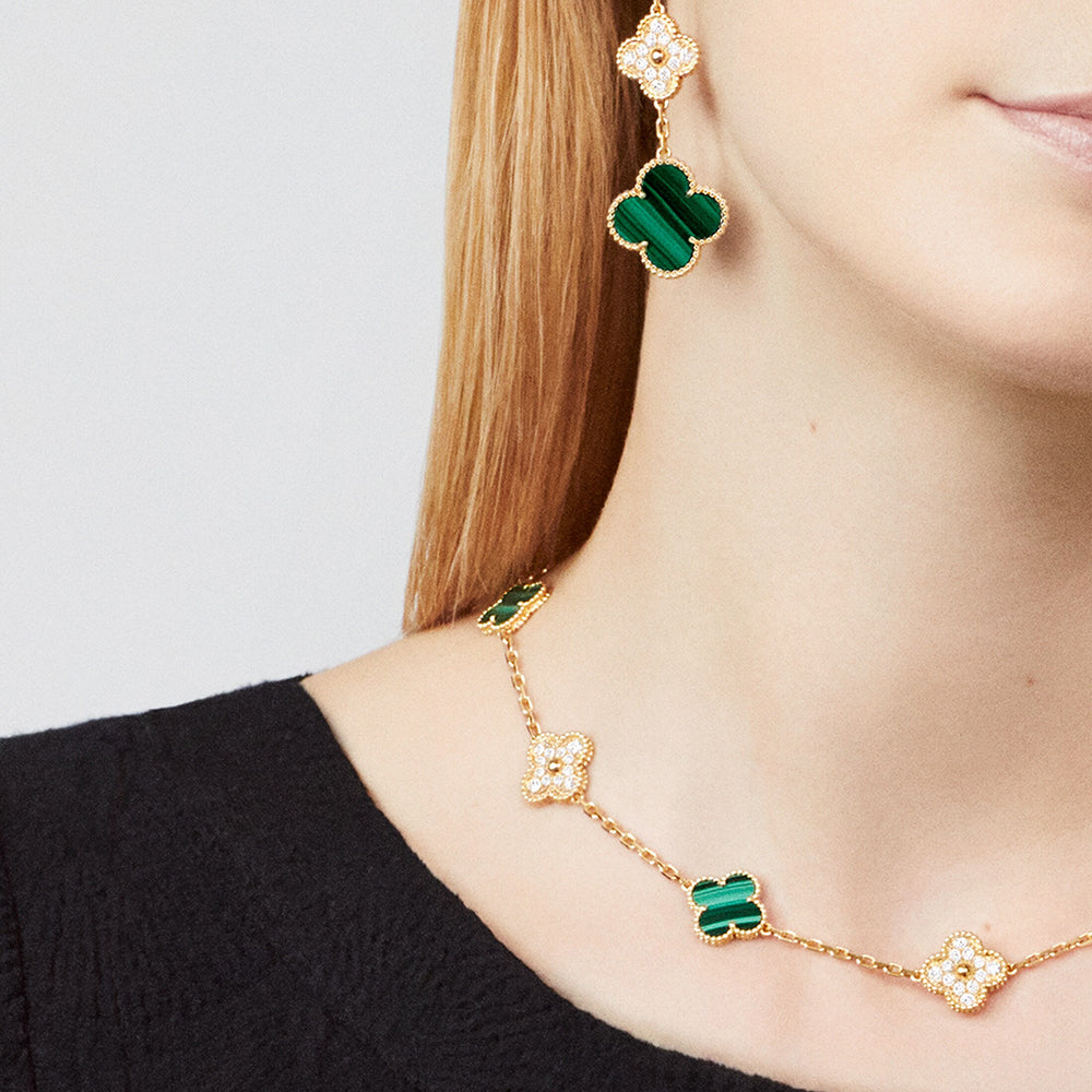 [Camiery]CLOVER 10 MOTIFS MALACHITE DIAMOND NECKLACE