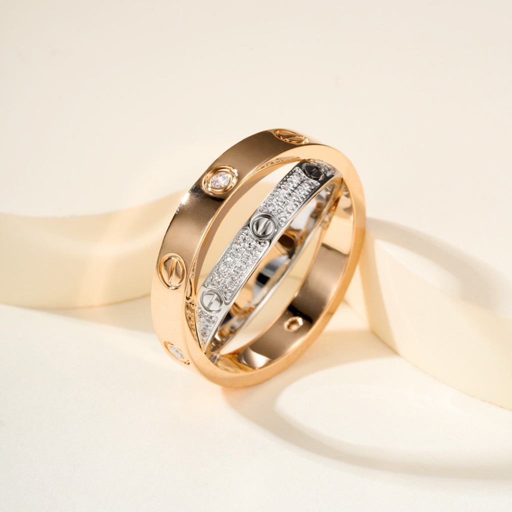 [Camiery] LOVE PINK GOLD SILVER DIAMOND DOUBLE RING