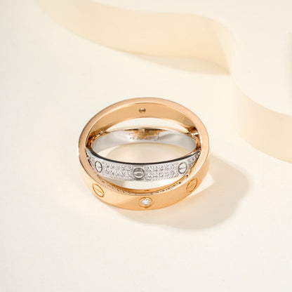 [Camiery] LOVE PINK GOLD SILVER DIAMOND DOUBLE RING