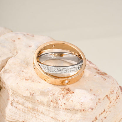 [Camiery] LOVE PINK GOLD SILVER DIAMOND DOUBLE RING