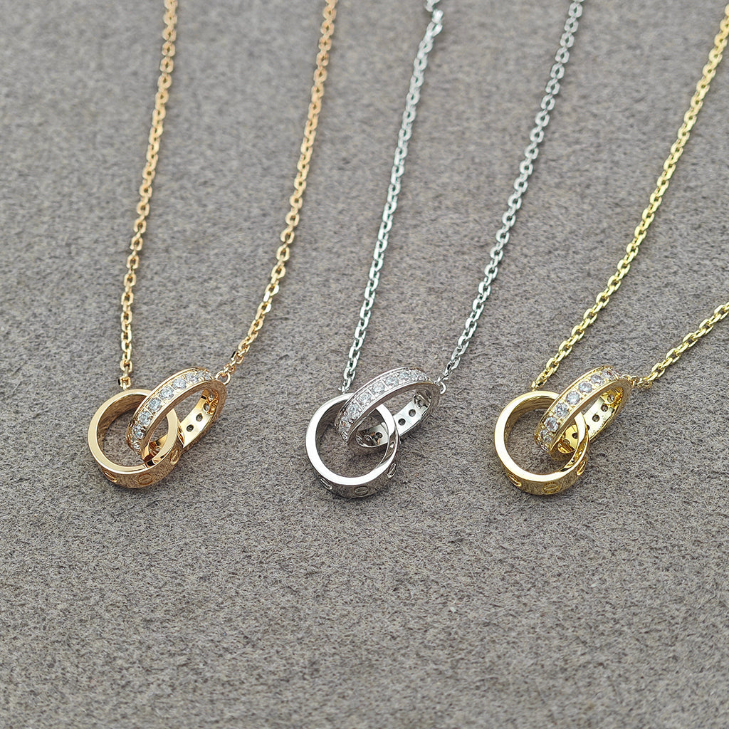 [Camiery] LOVE DOUBLE RING HALF DIAMOND NECKLACE