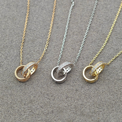 [Camiery] LOVE DOUBLE RING HALF DIAMOND NECKLACE