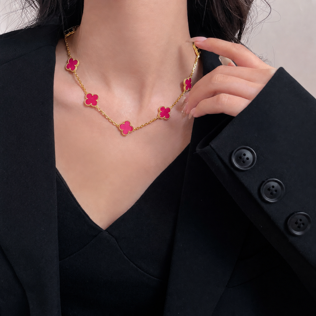 [Camiery]NEW CLOVER 10 MOTIFS PINK ENAMEL NECKLACE