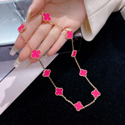[Camiery]NEW CLOVER 10 MOTIFS PINK ENAMEL NECKLACE