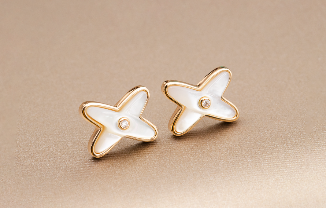 [Camiery]JEUX DE WHITE MOP ROSE GOLD DIAMOND EARRINGS