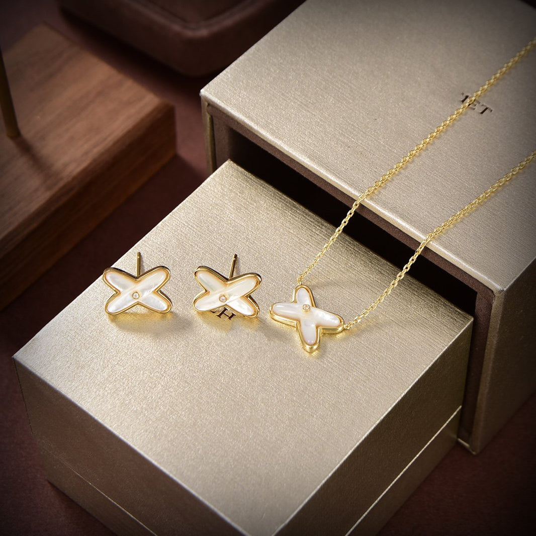 [Camiery]JEUX DE WHITE MOP GOLD DIAMOND EARRINGS