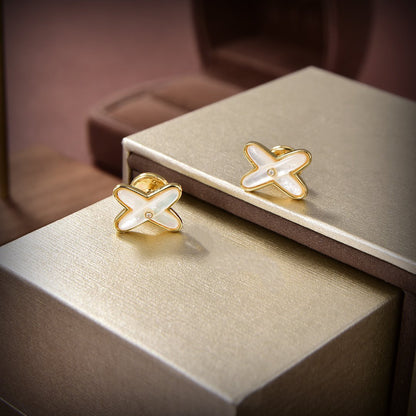 [Camiery]JEUX DE WHITE MOP GOLD DIAMOND EARRINGS