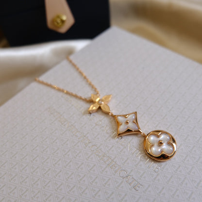 [Camiery]COLOR BLOSSOM LARIAT NECKLACE PINK GOLD WHITE MOTHER PEARL AND DIAMOND