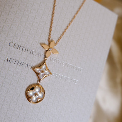 [Camiery]COLOR BLOSSOM LARIAT NECKLACE PINK GOLD WHITE MOTHER PEARL AND DIAMOND