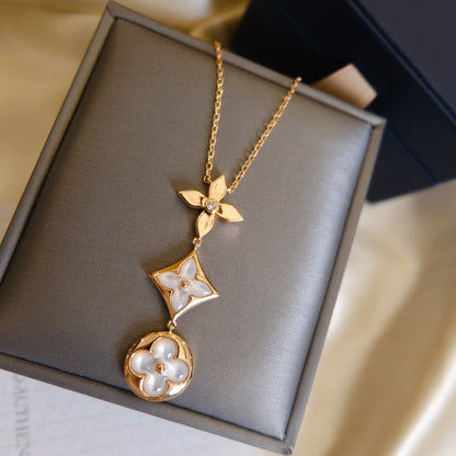 [Camiery]COLOR BLOSSOM LARIAT NECKLACE PINK GOLD WHITE MOTHER PEARL AND DIAMOND