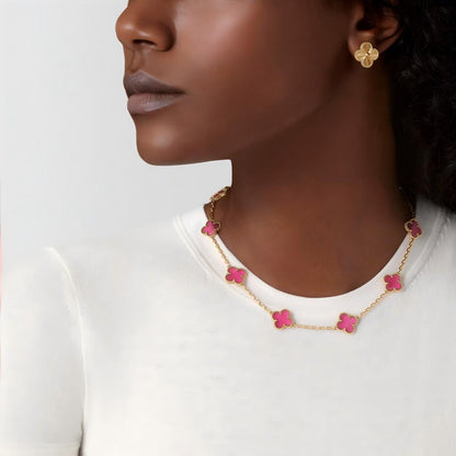 [Camiery]NEW CLOVER 10 MOTIFS PINK ENAMEL NECKLACE