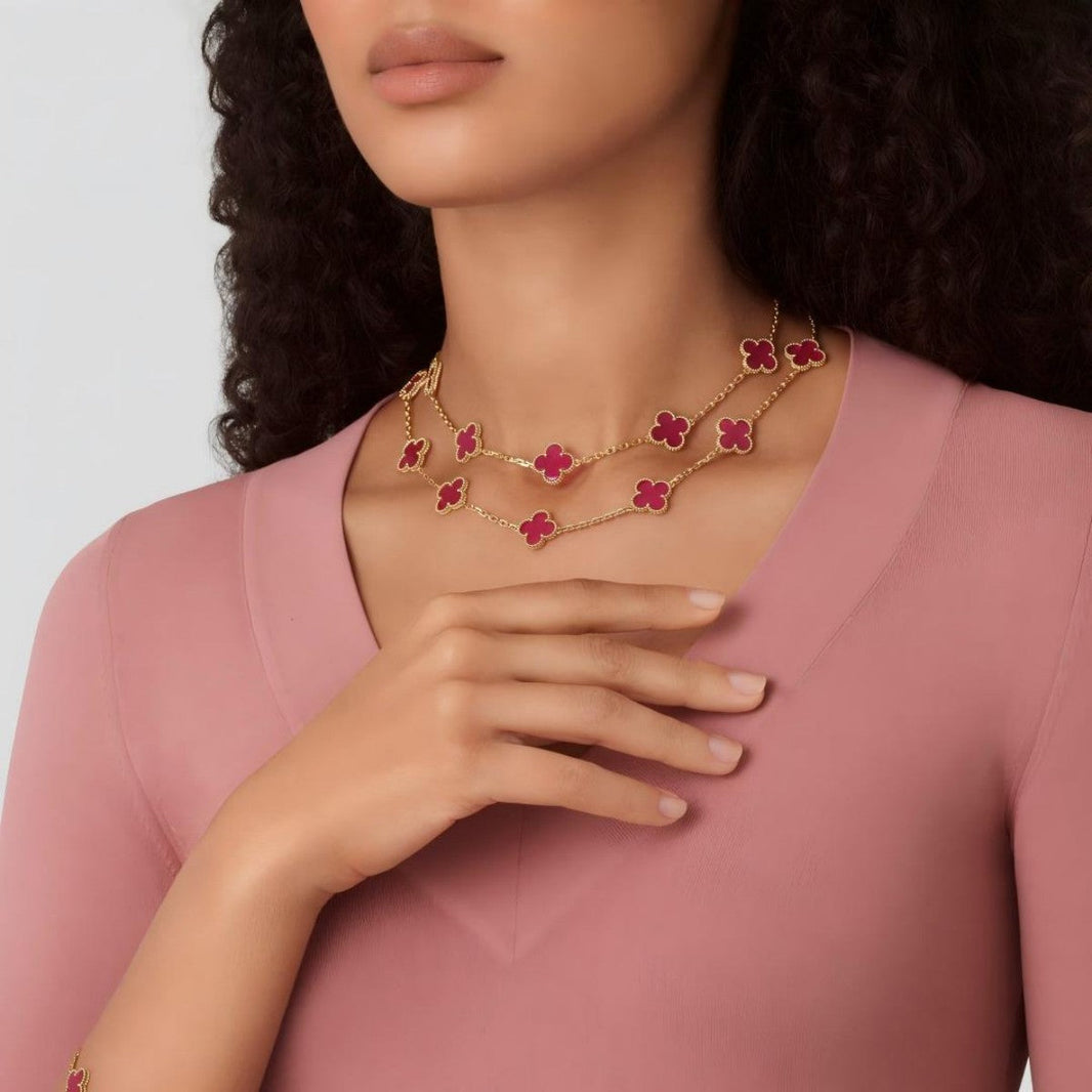 [Camiery] NEW CLOVER 20 MOTIFS PINK ENAMEL NECKLACE