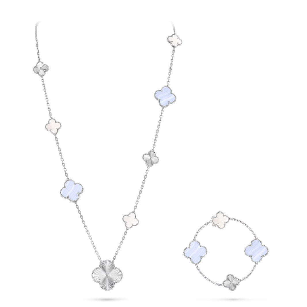 [Camiery]DETACHABLE CLOVER 15(11+4) FLOWER SILVER NECKLACE SET