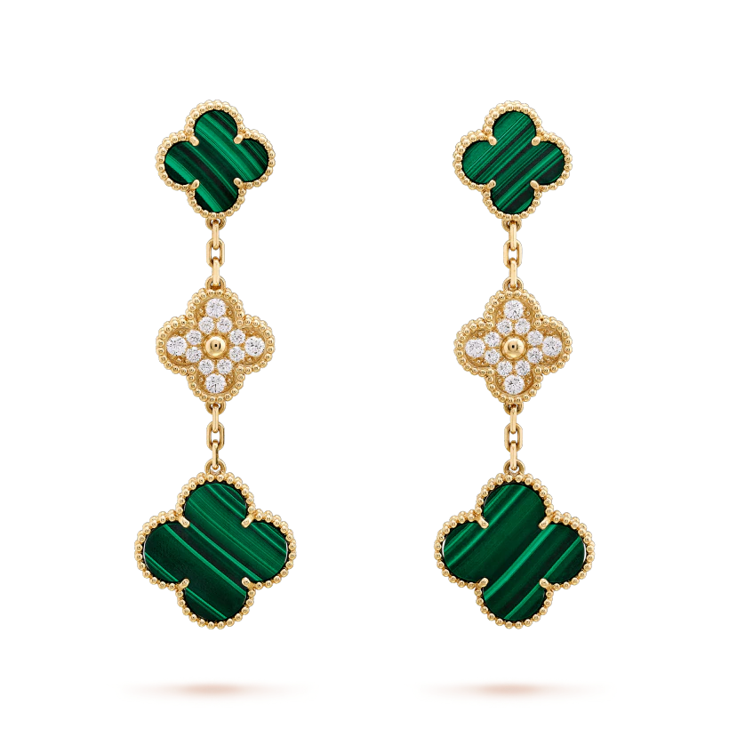 [Camiery]CLOVER EARRINGS GOLD MALACHITE DIAMOND 3 MOTIF
