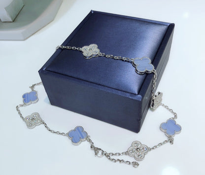 [Camiery]CLOVER 10 MOTIFS CHALCEDONY DIAMONDS SILVER NECKLACE